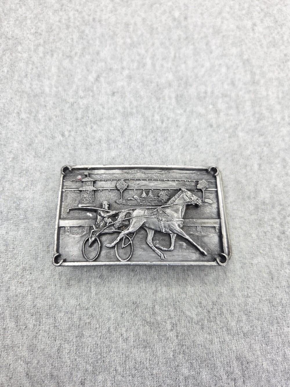 Vintage 1984 Bergamot Brass Works Harness Racing Belt Buckle Pewter Sulky